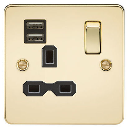 Picture of Flat plate 13A 1G switched socket with dual USB charger (2.4A) - polished brass with black insert