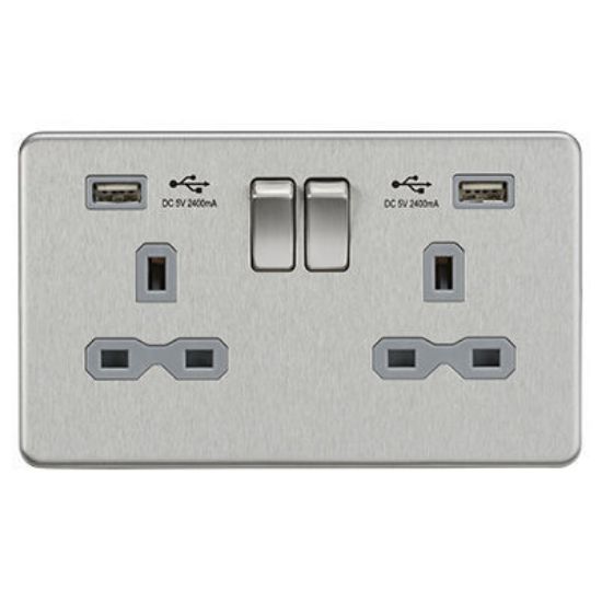 Picture of 13A 2G switched socket with dual USB charger A + A (2.4A) - Brushed chrome with grey insert