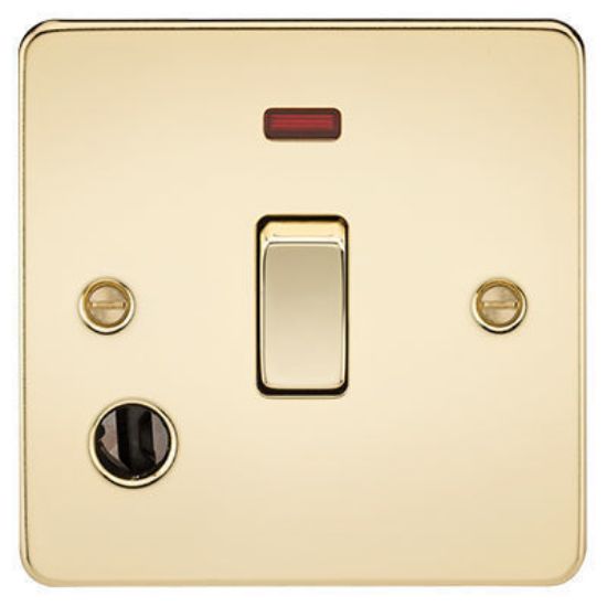 Picture of Flat Plate 20A 1G DP switch with neon and flex outlet - polished brass