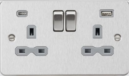 Picture of Flat plate 13A 2G SP Switched Socket - Brushed Chrome with Grey Insert