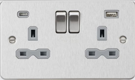 Picture of Flat plate 13A 2G SP Switched Socket - Brushed Chrome with Grey Insert