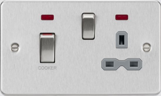 Picture of Flat plate 45A DP Switch & 13A Socket with Neons - Brushed Chrome with Grey Insert