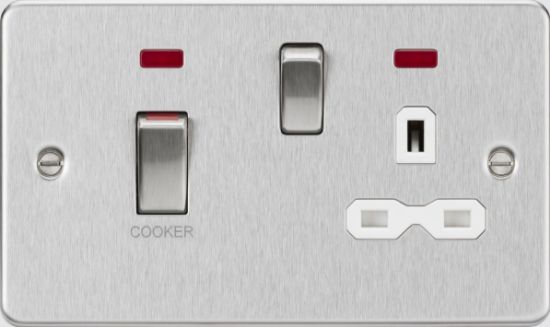 Picture of Flat plate 45A DP Switch & 13A Socket with Neons - Brushed Chrome with White Insert