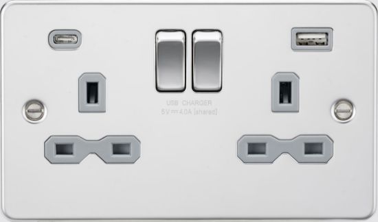 Picture of  Flat plate 13A 2G SP Switched Socket - Polished Chrome with Grey Insert