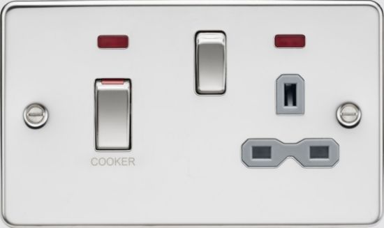 Picture of Flat plate 45A DP Switch & 13A Socket with Neons - Polished Chrome with Grey Insert