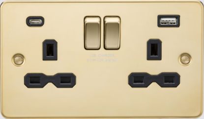 Picture of Flat plate 13A 2G SP Switched Socket  - Polished Brass with Black Insert