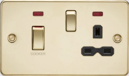 Picture of Flat plate 45A DP Switch & 13A Socket with Neons - Polished Brass with Black Insert