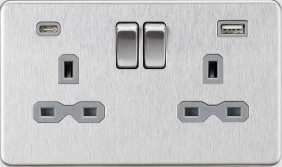 Picture of Flat plate 13A 2G SP Switched Socket - Brushed Chrome with Grey Insert