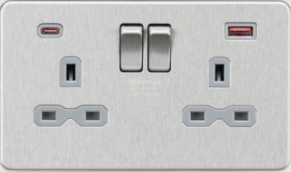 Picture of Flat Plate 13A 2G DP Switched Socket - Brushed Chrome w/Grey Insert