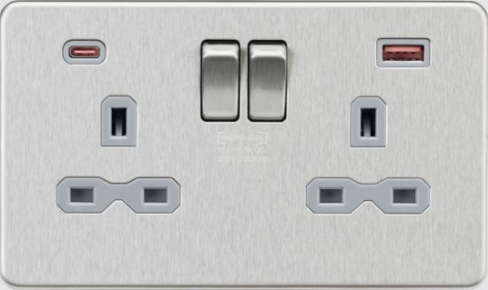 Picture of Flat Plate 13A 2G DP Switched Socket - Brushed Chrome w/Grey Insert