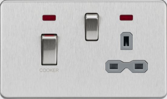 Picture of Flat plate 45A DP Switch & 13A Socket with Neons - Brushed Chrome with Grey Insert