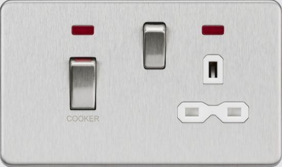 Picture of Flat plate 45A DP Switch & 13A Socket with Neons - Brushed Chrome with White Insert