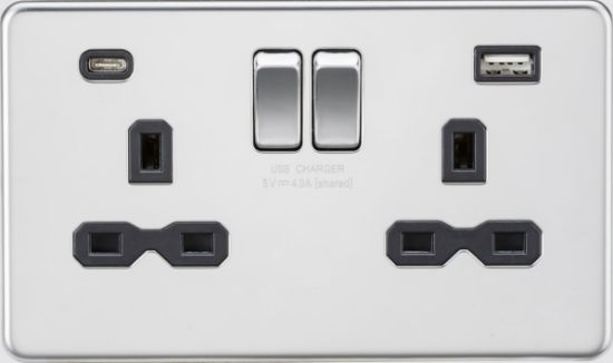 Picture of Flat plate 13A 2G SP Switched Socket - Polished Chrome with Black Insert