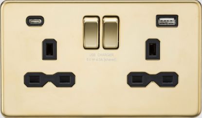 Picture of Flat plate 13A 2G SP Switched Socket - Polished Brass with Black Insert