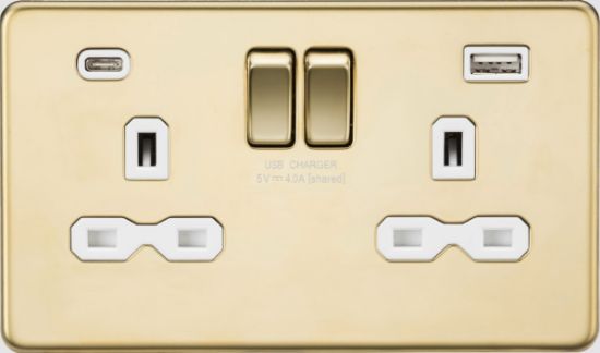 Picture of Flat plate 13A 2G SP Switched Socket - Polished Brass with White Insert