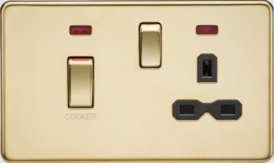 Picture of Flat plate 45A DP Switch & 13A Socket with Neons - Polished Brass with Black Insert