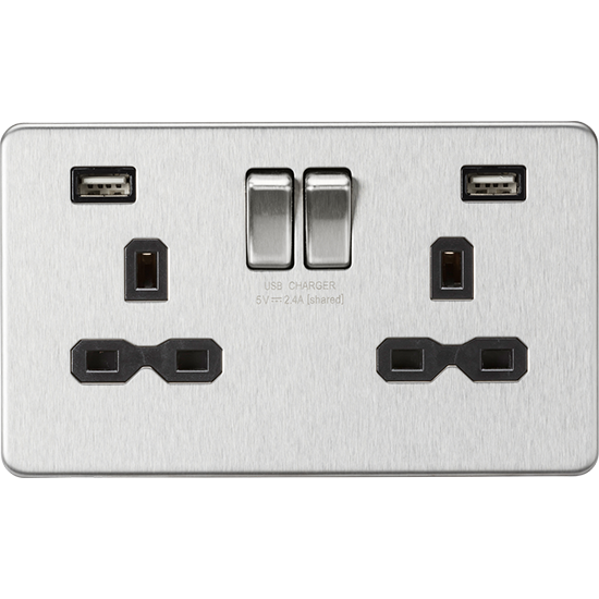 Picture of 13A 2G switched socket with dual USB charger A + A (2.4A) - Brushed chrome with black insert