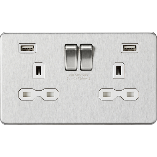 Picture of 13A 2G switched socket with dual USB charger A + A (2.4A) - Brushed chrome with white insert