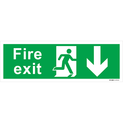 Picture of Fire Exit Arrow Down Sign – 300x100mm Self-Adhesive Vinyl - Pack of 3