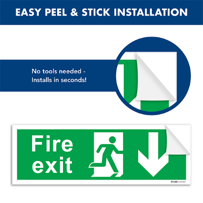 Picture of Fire Exit Arrow Down Sign – 300x100mm Self-Adhesive Vinyl - Pack of 3