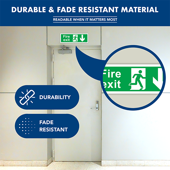 Picture of Fire Exit Arrow Down Sign – 300x100mm Self-Adhesive Vinyl - Pack of 3