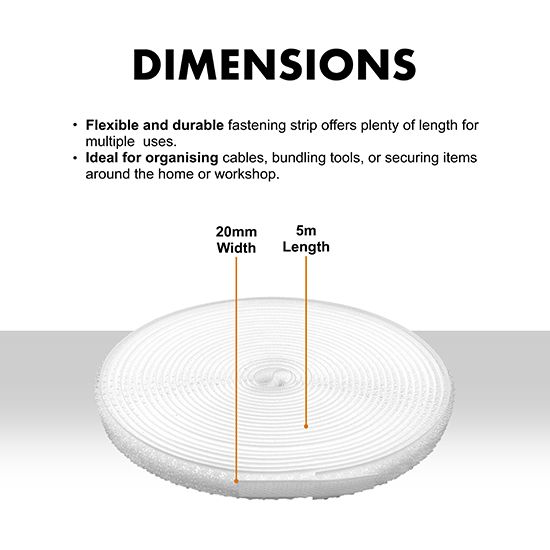 Picture of 5m x 20mm Hook & Loop Cable Tape – Self-Adhesive, Reusable, Heavy-Duty with 25 Buckles (White)
