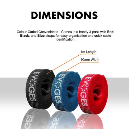 Picture of 1m x 10mm Cable Straps – Red, Black & Blue, Reusable Adjustable Cable Tidy, 3 Pack