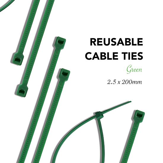Picture of 2.5x200mm Green Nylon Cable Ties (Pack of 100) 