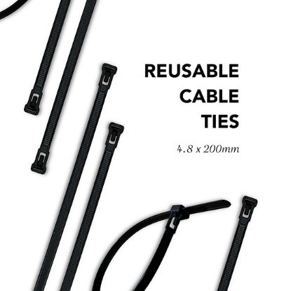 Picture of 4.8x200mm Black Reusable Releasable Cable Ties - Heavy Duty Nylon Cable Clip (Pack of 100) 