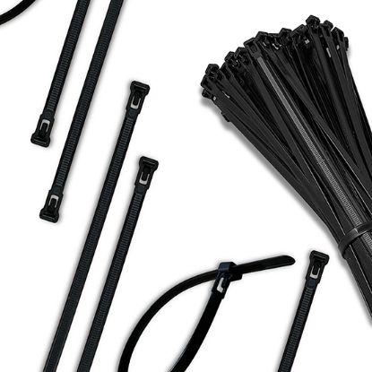 Picture of 4.8x200mm Black Reusable Releasable Cable Ties - Heavy Duty Nylon Cable Clip (Pack of 50)