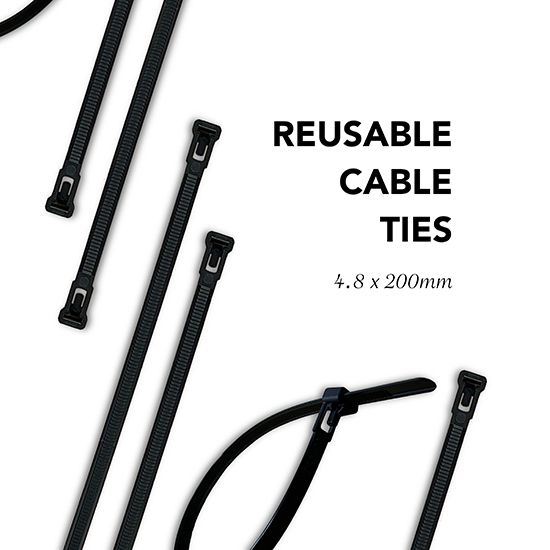 Picture of 4.8x200mm Black Reusable Releasable Cable Ties - Heavy Duty Nylon Cable Clip (Pack of 10) 