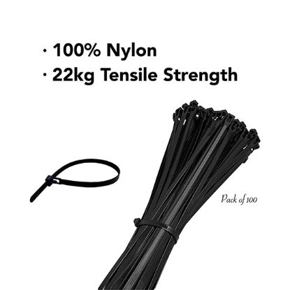 Picture of 7.6x300mm Black Reusable Releasable Cable Ties - Heavy Duty Nylon Cable Clip (Pack of 100) 