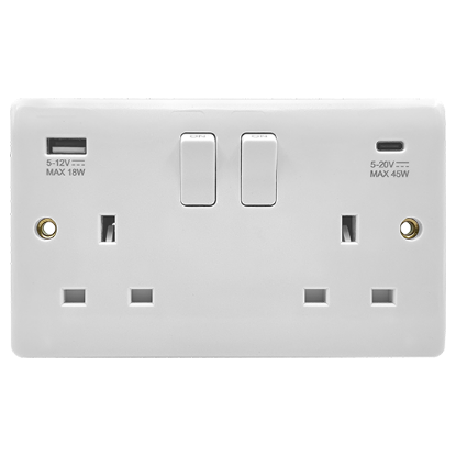 Picture of Vector 13A 2 Gang Double Pole Switched Socket with USB 45W Type A + C - White 
