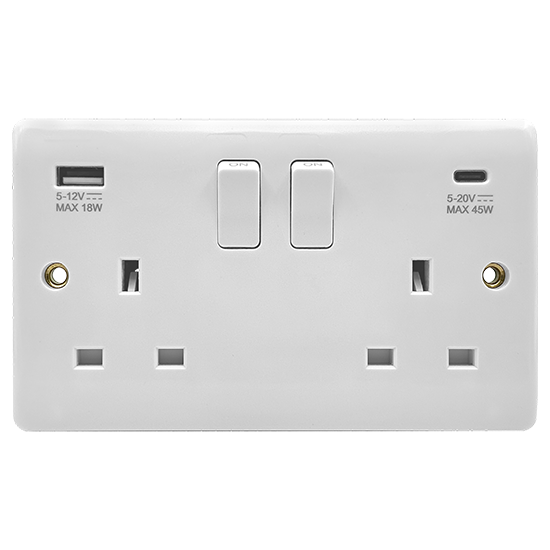 Picture of Vector 13A 2 Gang Double Pole Switched Socket with USB 45W Type A + C - White 