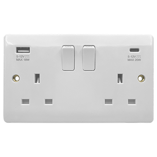 Picture of Vector 13A 2 Gang Double Pole Switched Socket with USB 20W Type A+C - White 