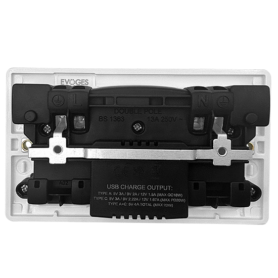 Picture of Vector 13A 2 Gang Double Pole Switched Socket with USB 20W Type A+C - White 