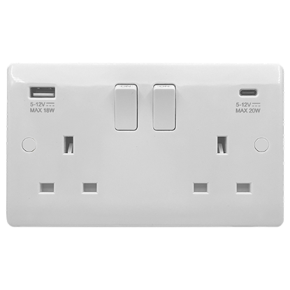 Picture of Vector 13A 2 Gang Double Pole Switched Socket with USB 20W Type A+C - White 