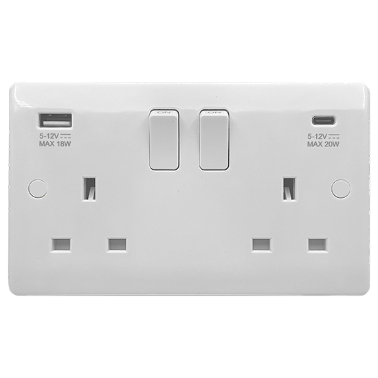 Picture of Vector 13A 2 Gang Double Pole Switched Socket with USB 20W Type A+C White
