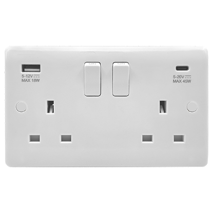Picture of Vector 13A 2 Gang Double Pole Switched Socket with USB 45W Type A + C - White 