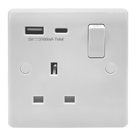 Picture of Vector 13A 1 Gang Double Pole Switched Socket with USB Type A+C White